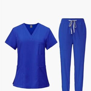 Blue Scrub Set with V-Neck Top and Drawstring Pants